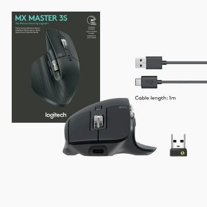 Logitech MX Master 3S Wireless Ergonomic Mouse 8000 DPI 7 Buttons, Smart Shift Scroll Wheel, 70Days Battery, Logi Bolt 2.4Ghz Receiver, USB-C Charging